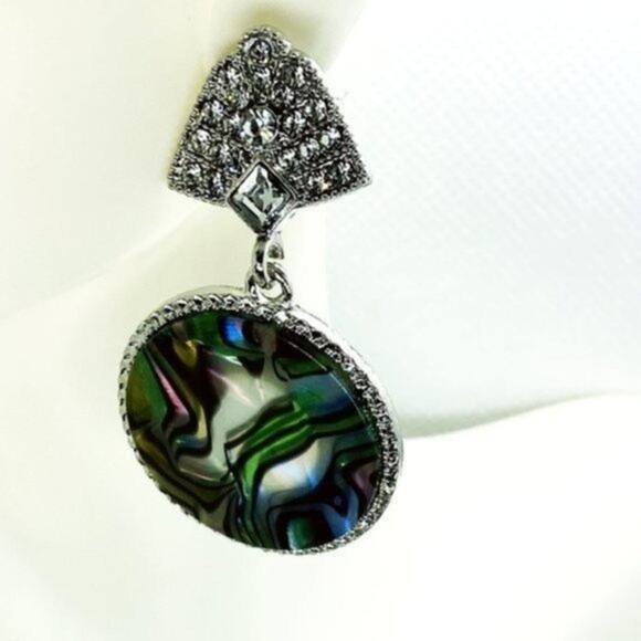 New NWT Silver-Tone Crystal Abalone Colored Stone Dangle Earrings - Picture 1 of 6